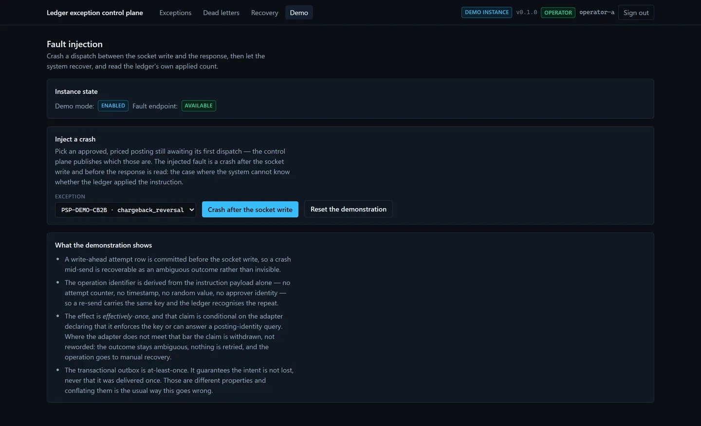 Fault-injection page in demo mode, before a crash is injected: an exception selector with Crash after the socket write and Reset the demonstration buttons