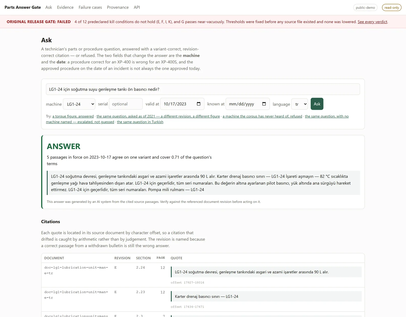 Kill condition E failing on the live deployment: a Turkish question the corpus cannot support, answered anyway